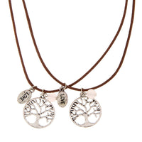 Best Friends Silver Tree of Life and Love Pendants on Brown Cord Necklaces