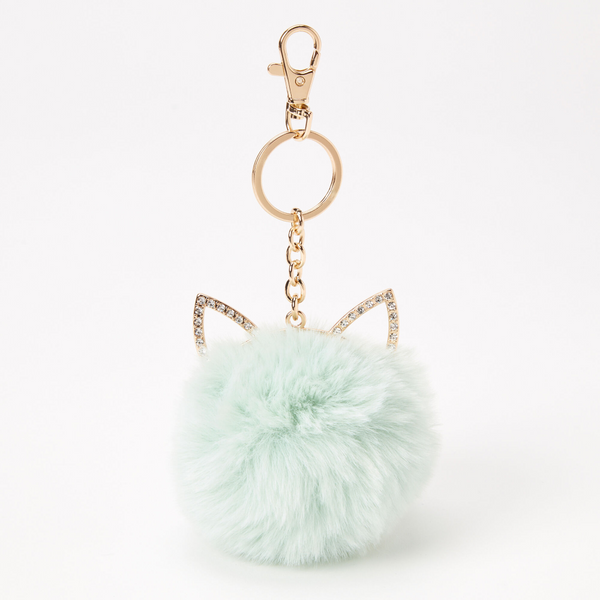 Claire's Cat Pom Keychain - Mint